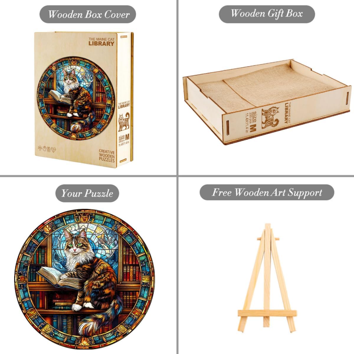 Wooden Puzzles Adults, Maine Cat Library Wooden Puzzles 300 Pieces, Unique Animal Shaped Wood Challenging Jigsaw Puzzles Gifts for Adults, 13.4x13.4in