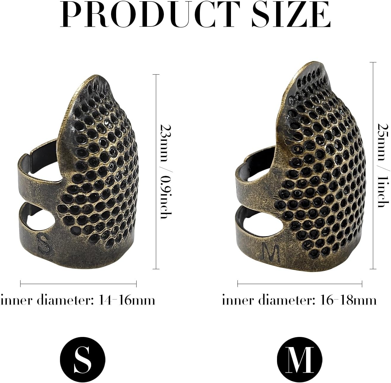 FR 4 Pack (2 Sizes, S/M) Sewing Thimble Finger Protector, Adjustable Finger Metal Shield Protector Pin Needles Sewing Quilting Craft Accessories DIY Sewing Tools Needlework Copper