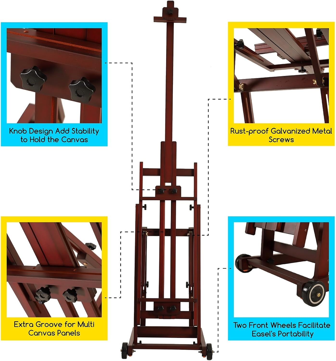 MEEDEN Multi-Function Studio Easel,H-Frame Easel,Painting Easel for Adults,Artist Easel,Floor Easel,Solid Beech Wooden Easels w/Front Wheels,Holds Canvas Art up to 77" - Walnut