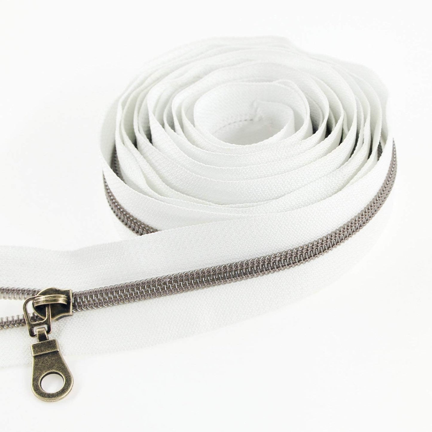 Leekayer #5 Antique Brass Metallic Nylon Coil Zippers by The Yard Bulk 10 Yards White Tape with 25pcs Antique Brass Sliders for DIY Sewing Tailor Craft Bag(White)