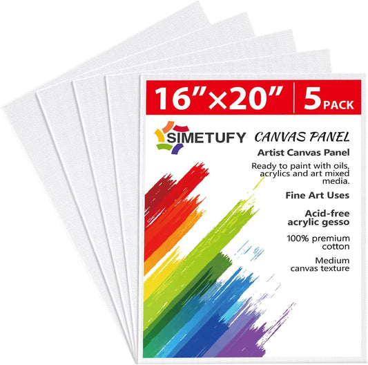 Simetufy 16 x 20 inch 5 Pack Canvas Panels Large Painting Canvas Boards - Gesso Primed Acid-Free 100% Cotton for Acrylics Oil Watercolor Tempera Paint