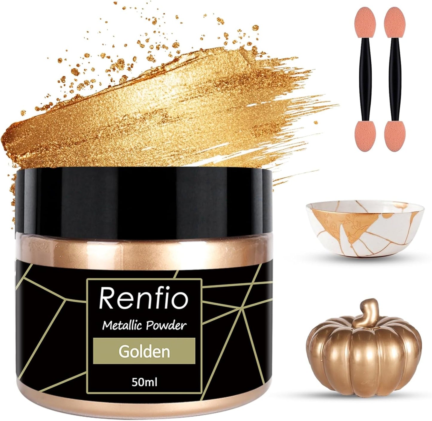Renfio Metallic Pigment Powder,Gold Mica Powder for Resin,50ml Golden Resin Color Pigment for Kintsugi,Polymer Clay,Crafts,Slime,Candle,Nail,Paint,Fabric,Festival,Decoration