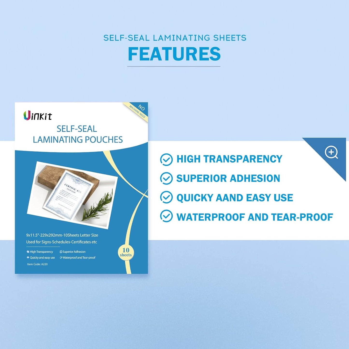 Uinkit 10Mil Thick Self-Seal Laminating Sheets - Ultra Strong, Bubble-Free Protection for Documents & Crafts (10 Pack, 9x11.5 Inch)