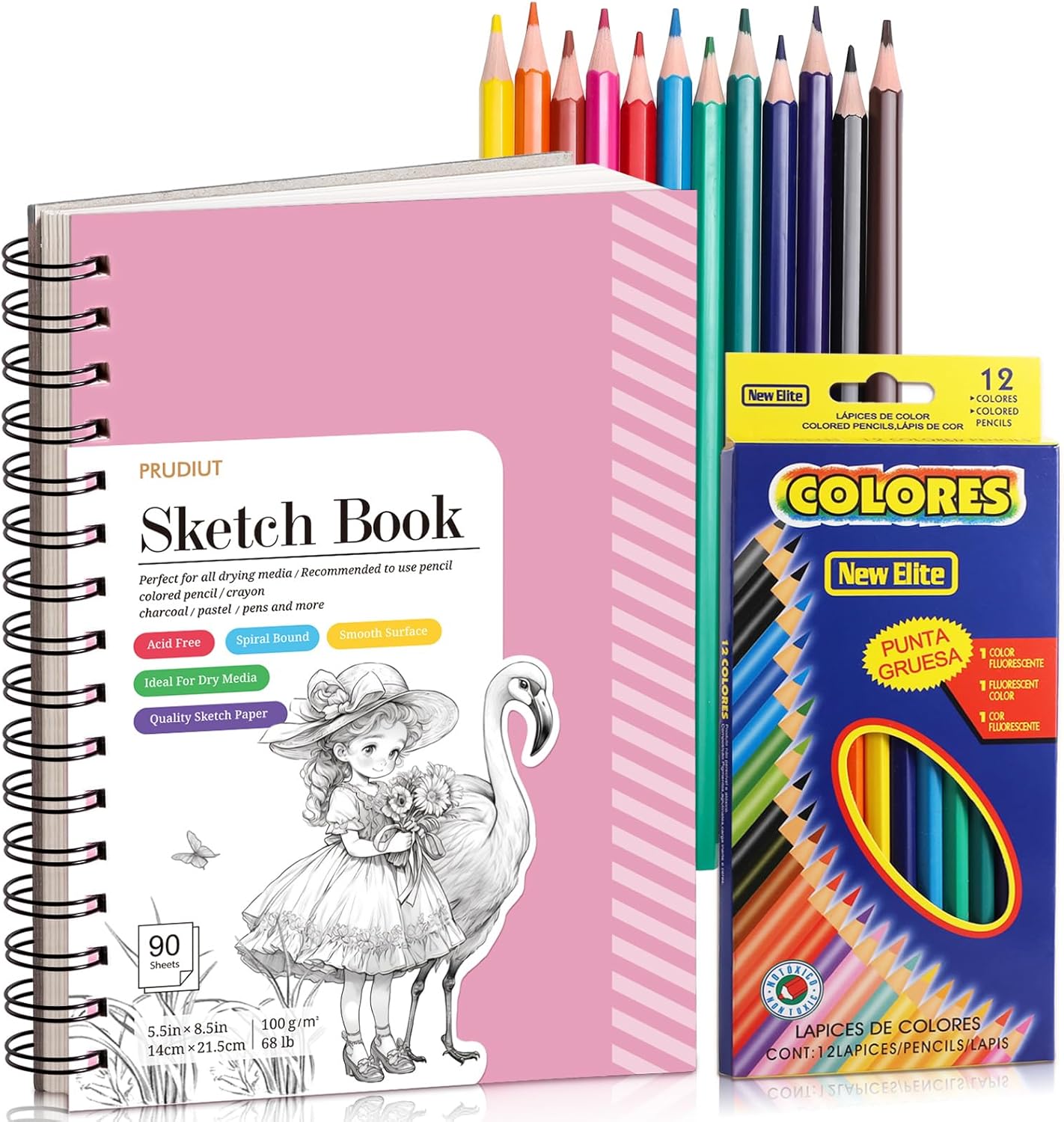 Sketch Book with 12 Color Pencil Set, 90 Sheets Spiral Sketchbook for Drawing (68lb/100gsm), Acid-Free Sketch Pad for Kids Artist, Art Paper Drawing Supplies for Gifts(Pink)