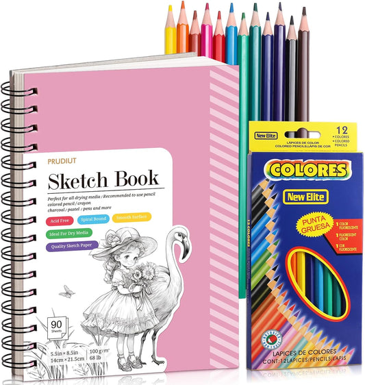 Sketch Book with 12 Color Pencil Set, 90 Sheets Spiral Sketchbook for Drawing (68lb/100gsm), Acid-Free Sketch Pad for Kids Artist, Art Paper Drawing Supplies for Gifts(Pink)
