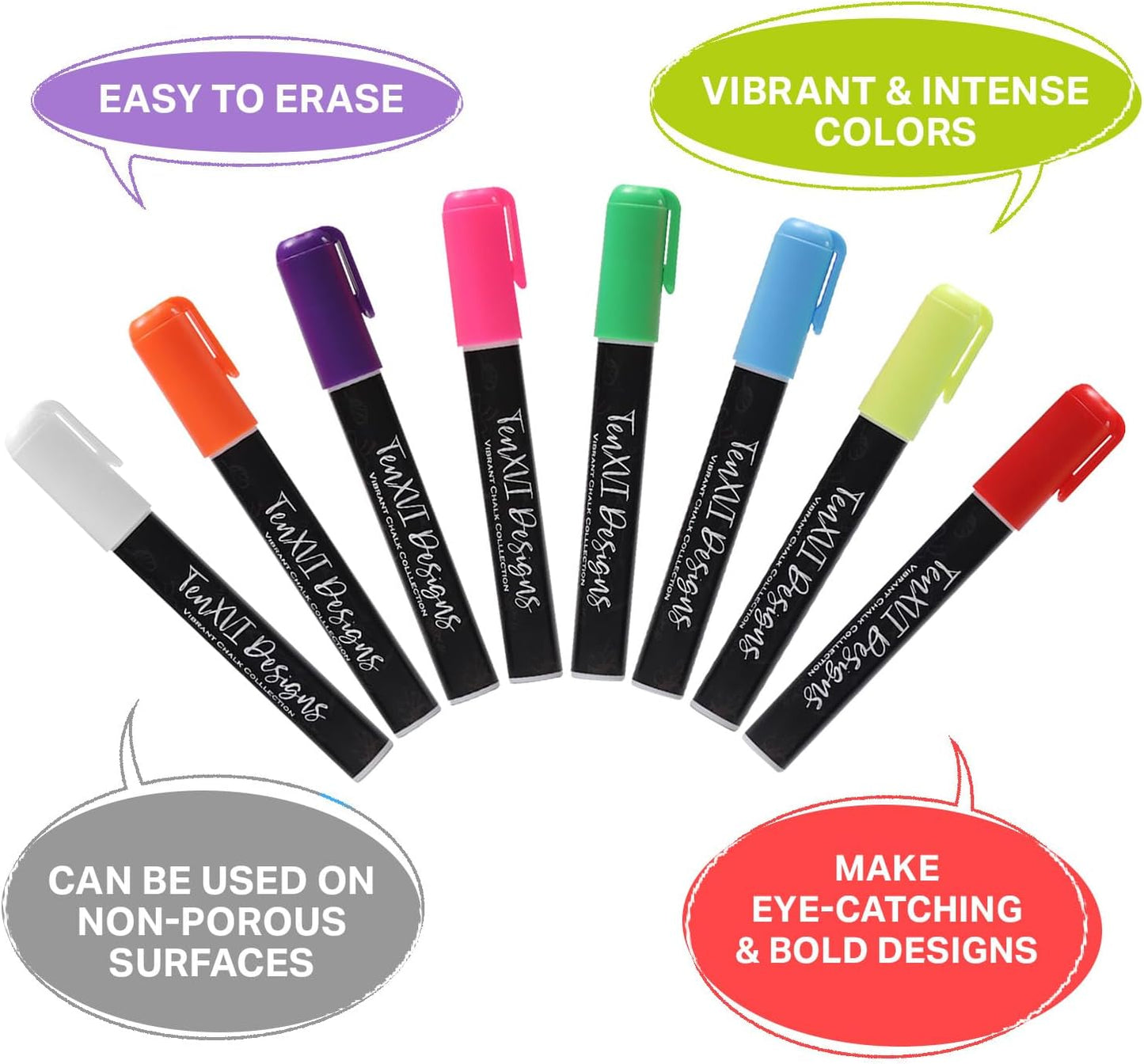 TenXVI Designs Chalk Markers - 8 Vibrant Colors, 6mm Reversible Tips, Erasable, Non-Toxic, Water Based for Kids & Adults - For Chalkboard, Glass & Non-Porous Surfaces, Liquid Chalk Board Markers