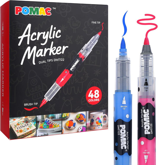 POMAC Dual Tip Acrylic Paint Markers Pens 48 Assorted Colors, Direct Liquid Acrylic Marker with Brush & Fine Tip, Water-Based Paint Marker for Fabric, Canvas, Rock, Glass, Wood, Crafts, Art Supplies