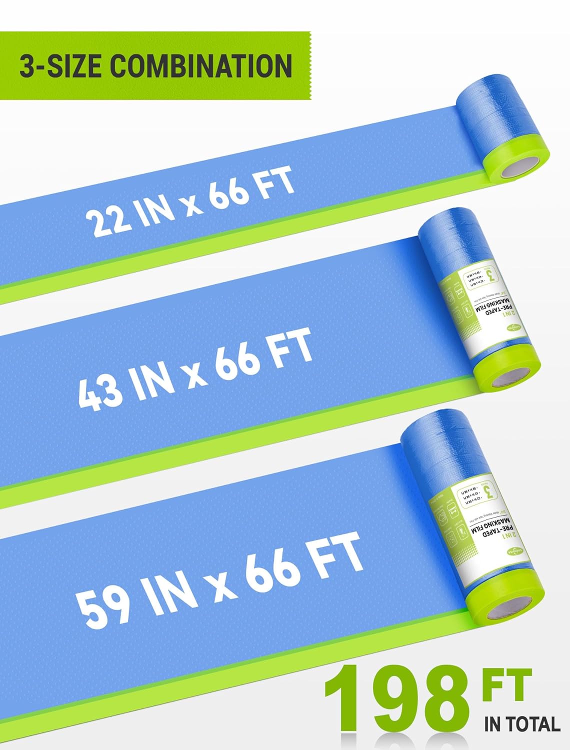 Pre-Taped Masking Film for Painting, 59/43/ 22 in * 66 FT, 3-Rolls Painters Plastic Sheeting with Widened Paint Tape and Drape for Covering Walls, Windows, Cars & Furniture Protection