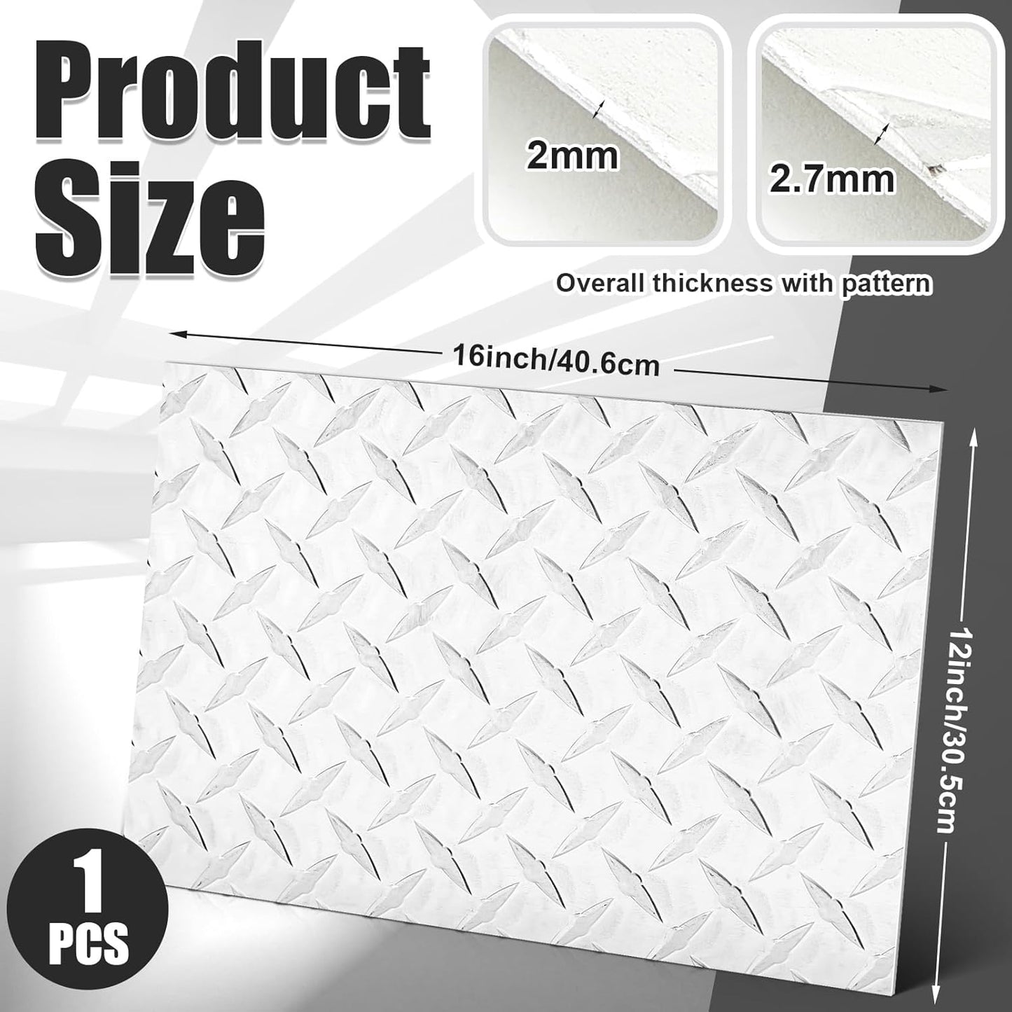 1pcs Diamond Plate Sheet Metal Heavy Duty Tread Aluminum Sheet Diamond Tread Plate for Wall Covering, Cargo Trailer, RV and More (12'' X 16'' X 0.08',Silver)
