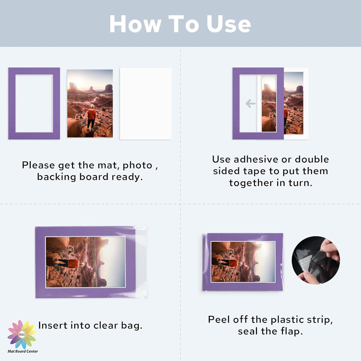 Mat Board Center, Pack of 50, 5x7 for 4x6 Mix Color Mat Kit - Acid Free, 4-ply Thickness, White Core - Includes Backing Boards and Clear Bags - for Pictures, Photos, Framing