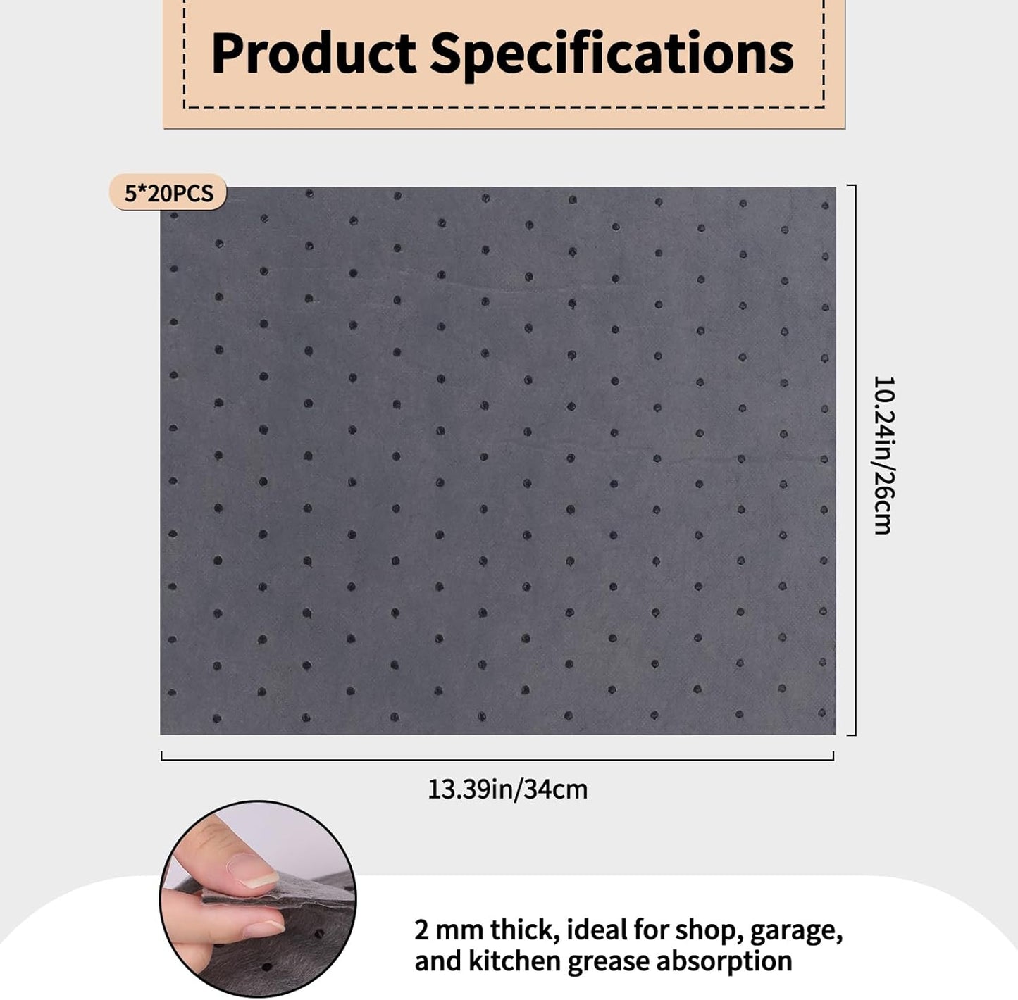 20 * 5 PCS Oil Absorbent Pads with Hanging Hooks - 10"x13" Reusable Liquid Spill Mats for Garage & Workshop - Super Absorbent Leak Control Pads (Grey, Boxed)
