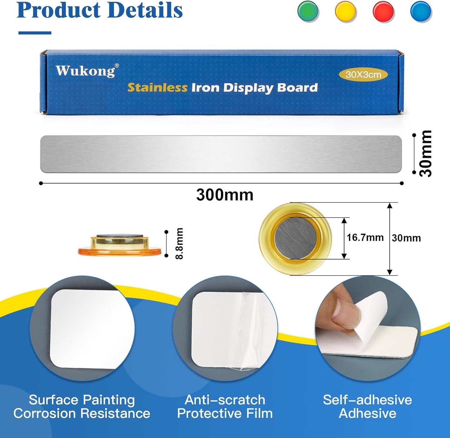 Wukong 10 Pack | 30x3cm(11.81 x 1.18) Magnetic Stainless Silver Boards Strips, Adhesive Backing Bulletin Bar Board, Memo Board with 32Pcs Colorful Magnets for Office, Home, Photo Wall, Documents