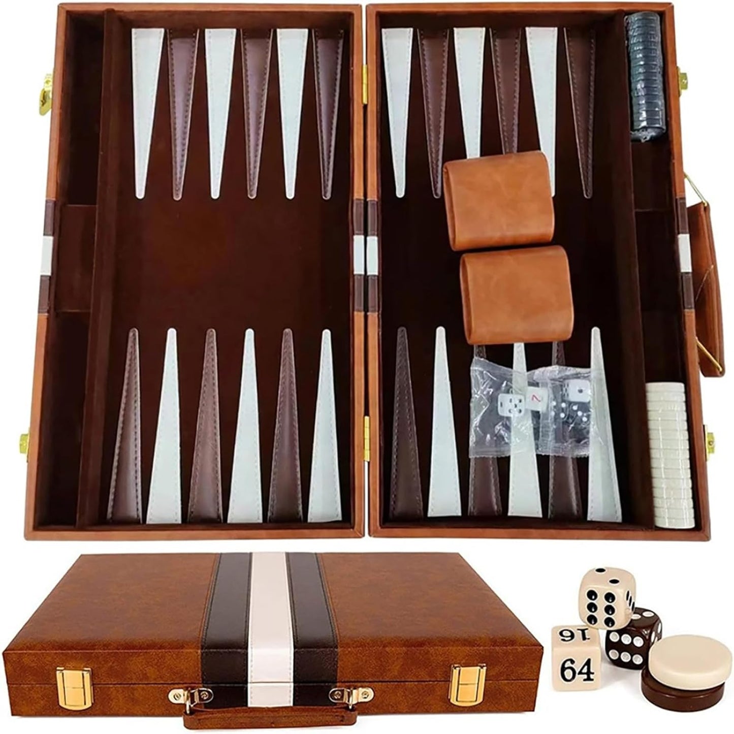 15inch Backgammon Set Classic Folding Board with Leather Case, Portable Travel Game, Ideal Gift Package for Strategy Lovers
