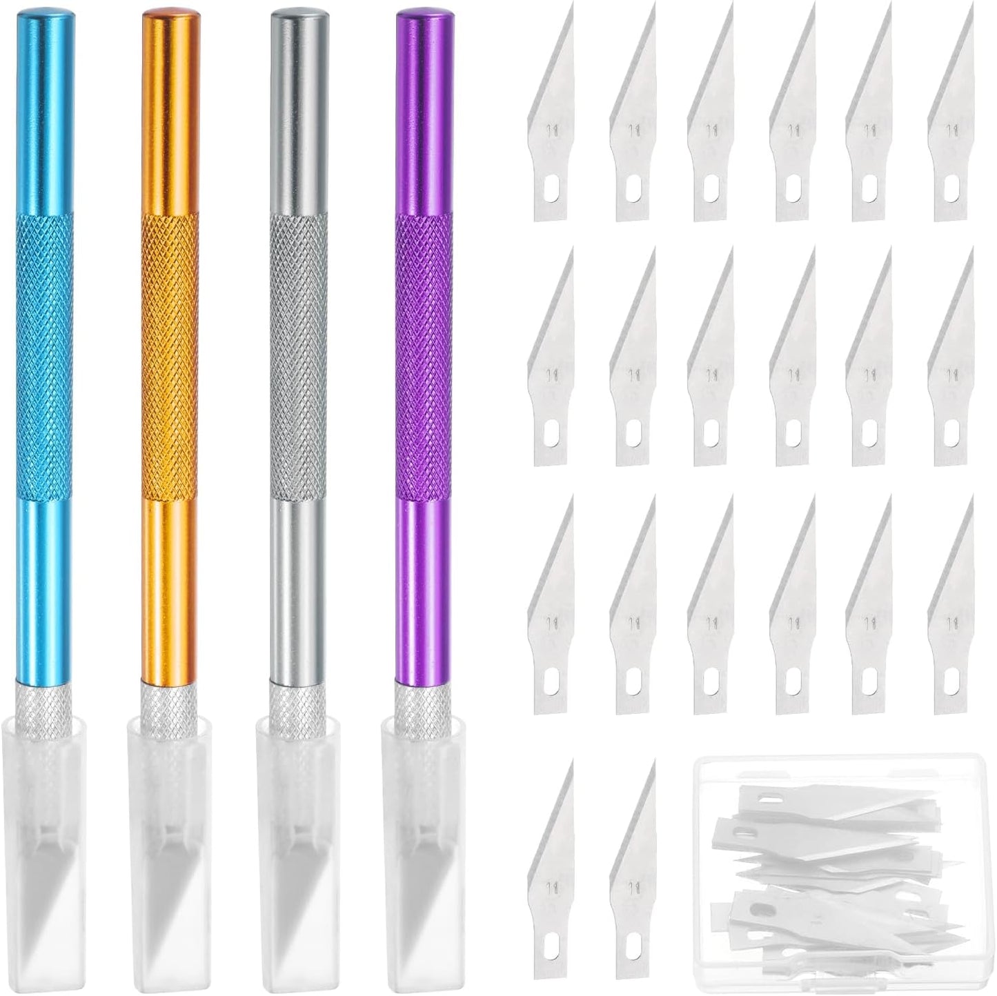 MECCANIXITY 4 Pcs Exacto Knife, Craft Hobby Knife with 40 Exacto Blades(#11) Profession Craft Knives for Crafting, Modeling, Scrapbooking (Purple, Gold, Blue, Silvery)