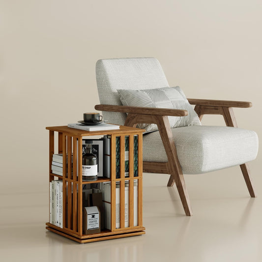 YOWOS Rotating Bookshelf Tower, 360° Spinning Bookcase Bamboo Floor Standing Storage Rack, Narrow Book Shelf Organizer for Kids & Adults, Small Space Bookshelf (Walnut, 2 Tier)