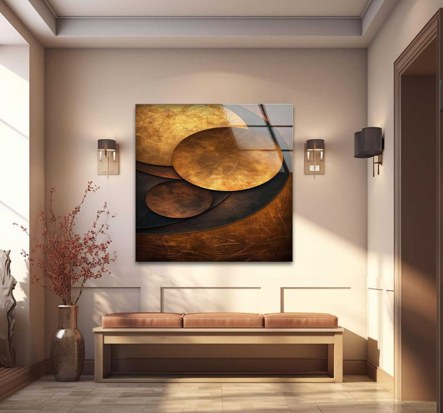 My Photostation.com 18Wx28H'' Bronze Art Deco Geometric Motifs Glass Wall Art Tempered Glass Printing Wall Decor Large Wall Art Wall Hangings