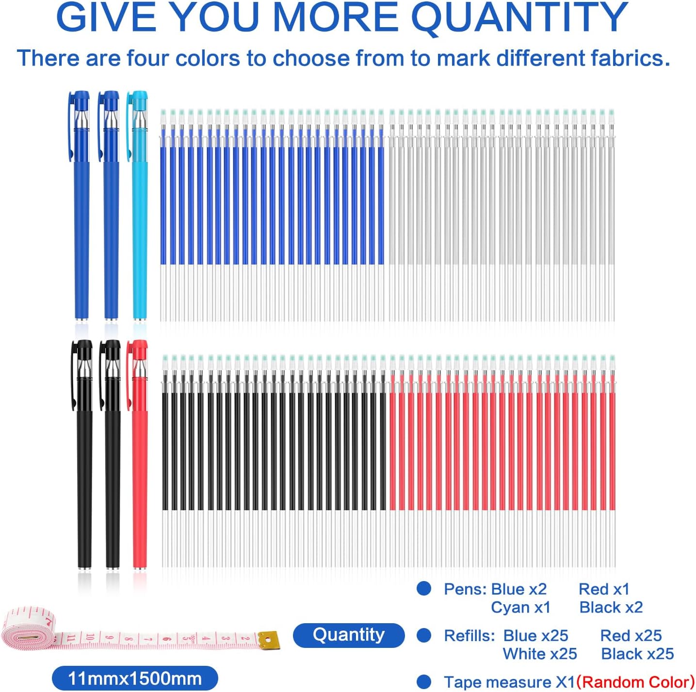 Fabric Markers for Sewing, Quilting, Embroidery and Needlework, 6 pens, 100 replacement refills and a tape measure, tailor, sewing office aid markers.