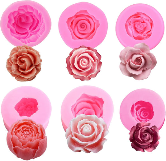 6 Pcs Flower Silicone Molds Set, FAURAPMNG Bloom 3D Rose Flower Fondant Silicone Molds for Soap Candle Making, Cake Flower Molds for Chocolate Candy Pastry Dessert