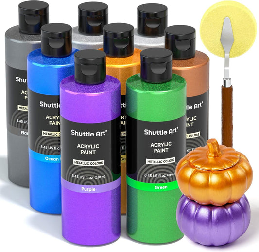 Shuttle Art 8 Colors Metallic Acrylic Paint, 250ml/8.45oz Bottles Acrylic Paint Set, Rich Metallic Shade, Bulk Painting Supplies for Artists, Beginners and Kids Painting on Rocks Crafts Canvas Wood