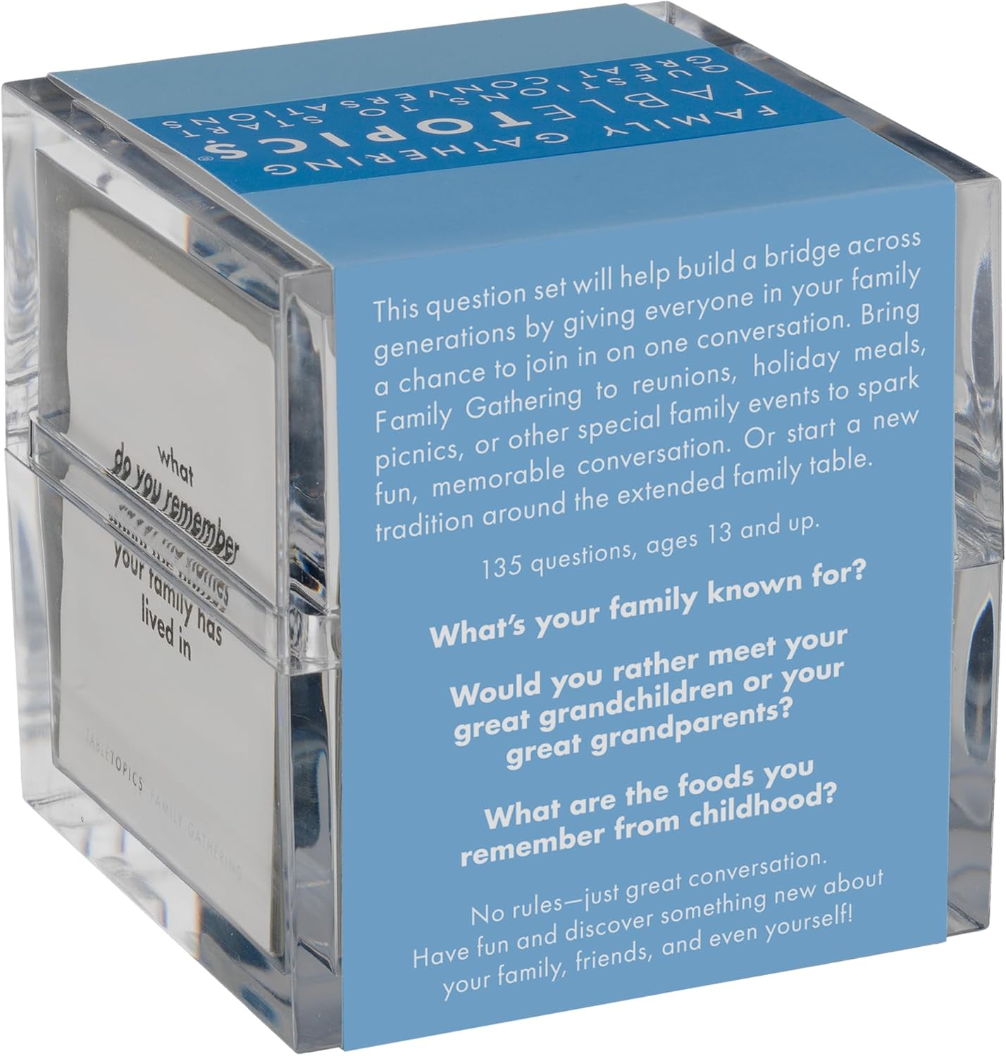 TableTopics Family Gathering Conversation Cards for Multi-Generational Get Togethers with 135 Questions to Use with Relatives at Reunions, Holidays, & Other Events