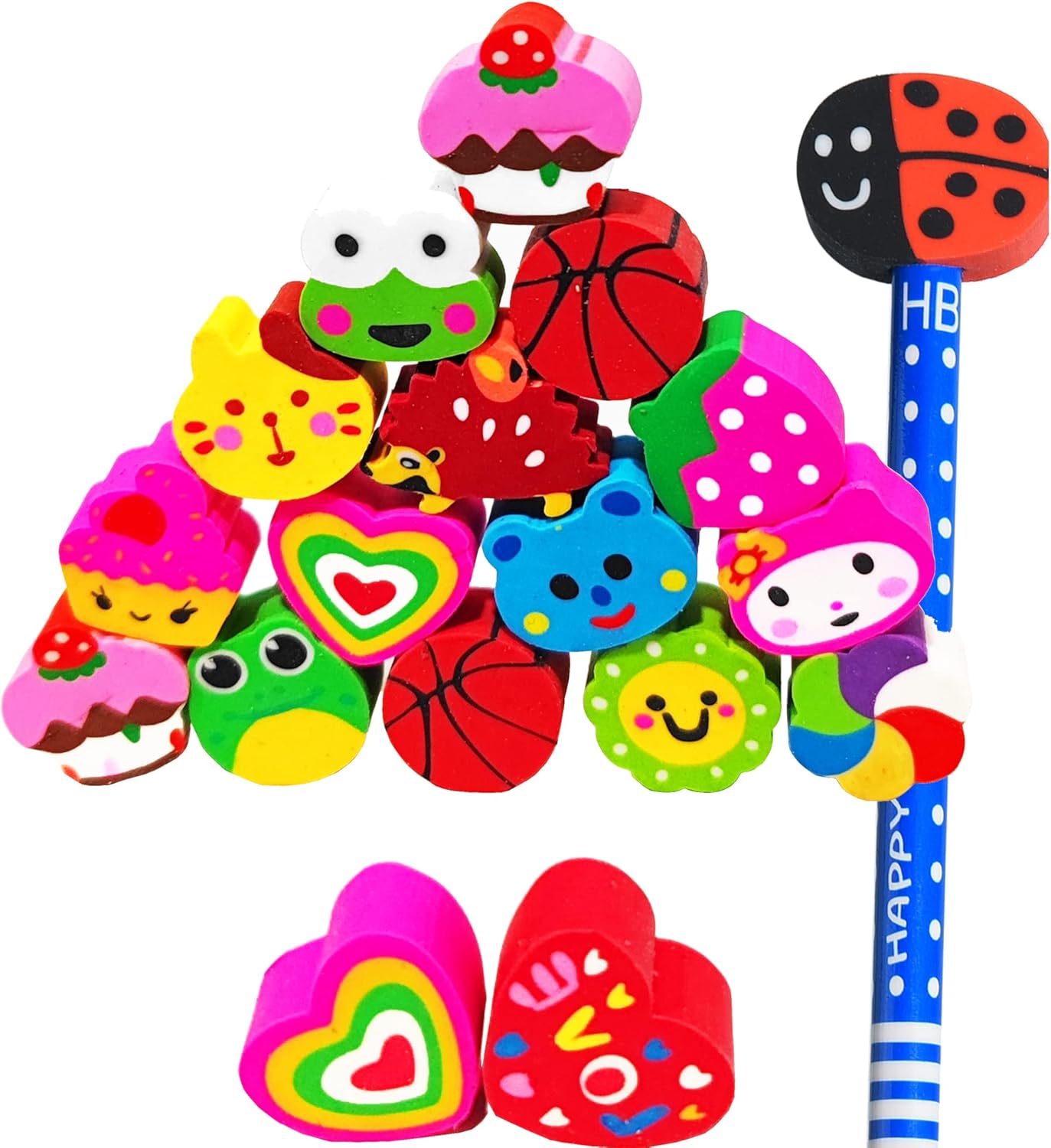 35PCS Fun Animal Fruit Pencil Topper Erasers for Kids Bulk,Cute Top Erasers Caps for Pencil,Back to School Party Gifts (Pattern Random)