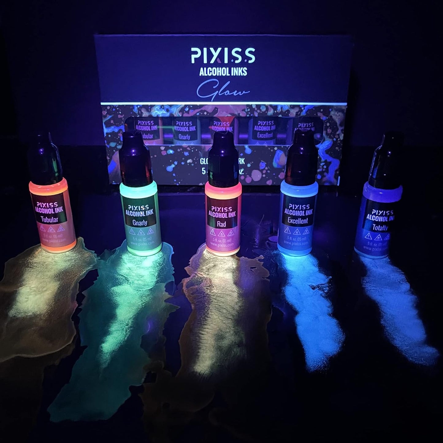 Pixiss Glow in The Dark Alcohol Ink Set - 5 Shades of Brilliantly Glowing Alcohol Ink for Epoxy Resin Supplies, Yupo Paper, Tumblers, Coasters - Resin Colorant for Epoxy Resin and Resin Art Supplies