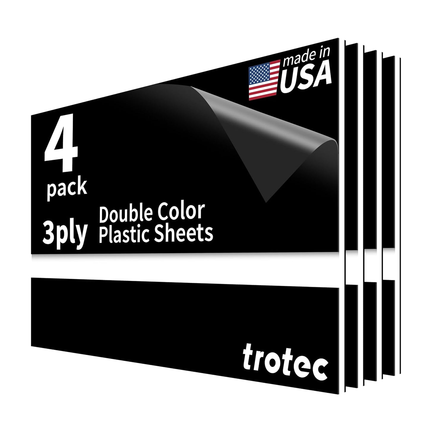 Trotec TroLase | 12"x20"x1/8", 4 Pcs | Black/White/Black | 3 Ply | Modified Acrylic | Laser Engraving Double Color Plastic Sheet | Engraving Blanks for Laser, Saw, Guillotine | Made in USA