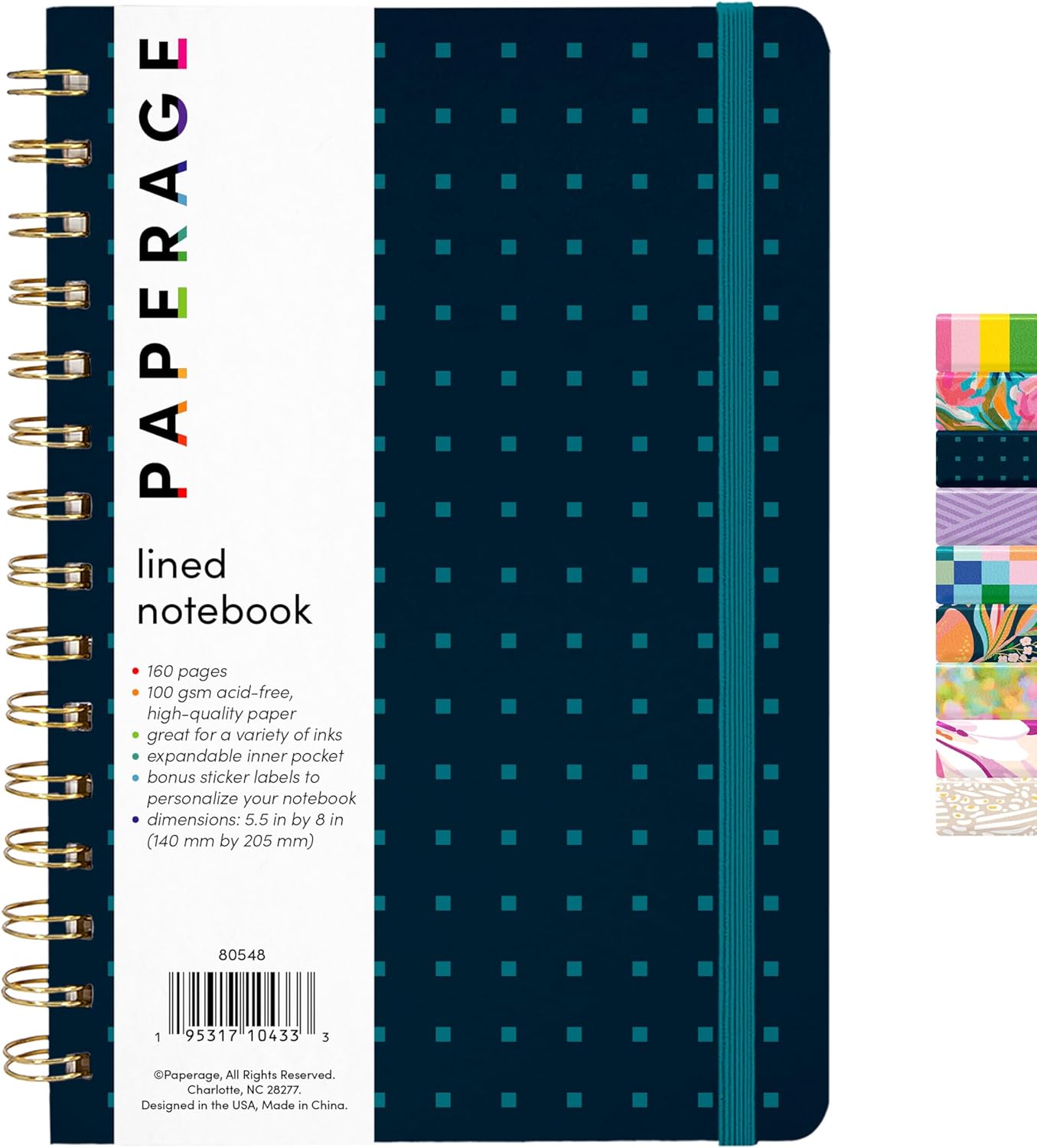 PAPERAGE Lined Spiral Journal Notebook, (Navy/Turquoise Dot), 160 Pages, Hardcover Journal for Women & Men, Medium 5.5 in x 8 in - 100 GSM, Thick Paper, Spiral Notebook for Work, School & Journaling