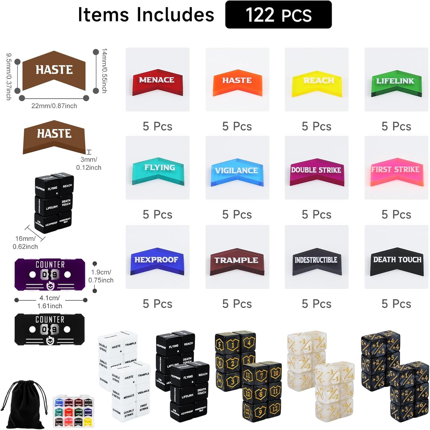 SIXPOINTS 122Pcs MTG Dice Counters Keyword Counters Life Counter 1/+1 counters Commander Buff Tokens 6 Sided Dice Set for Magic The Gathering, MTG, TCG, Card Games Accessories (A-122PCS/SET)