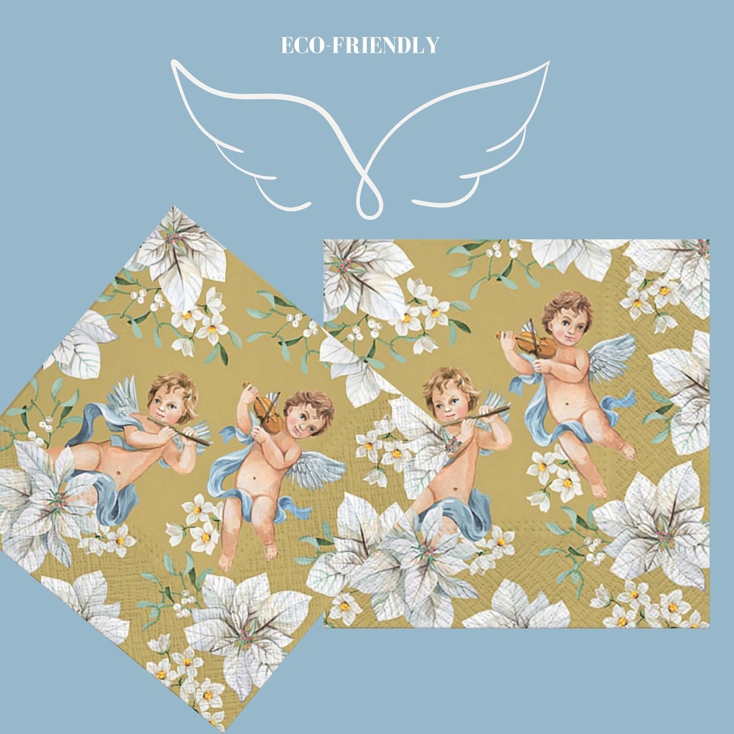 20-ct 13x13 Christmas Paper Decoupage Napkins, 3-Ply Servilletas Tissue Napkin for Dinner and Parties, Disposable Napkins (Angel Flower)