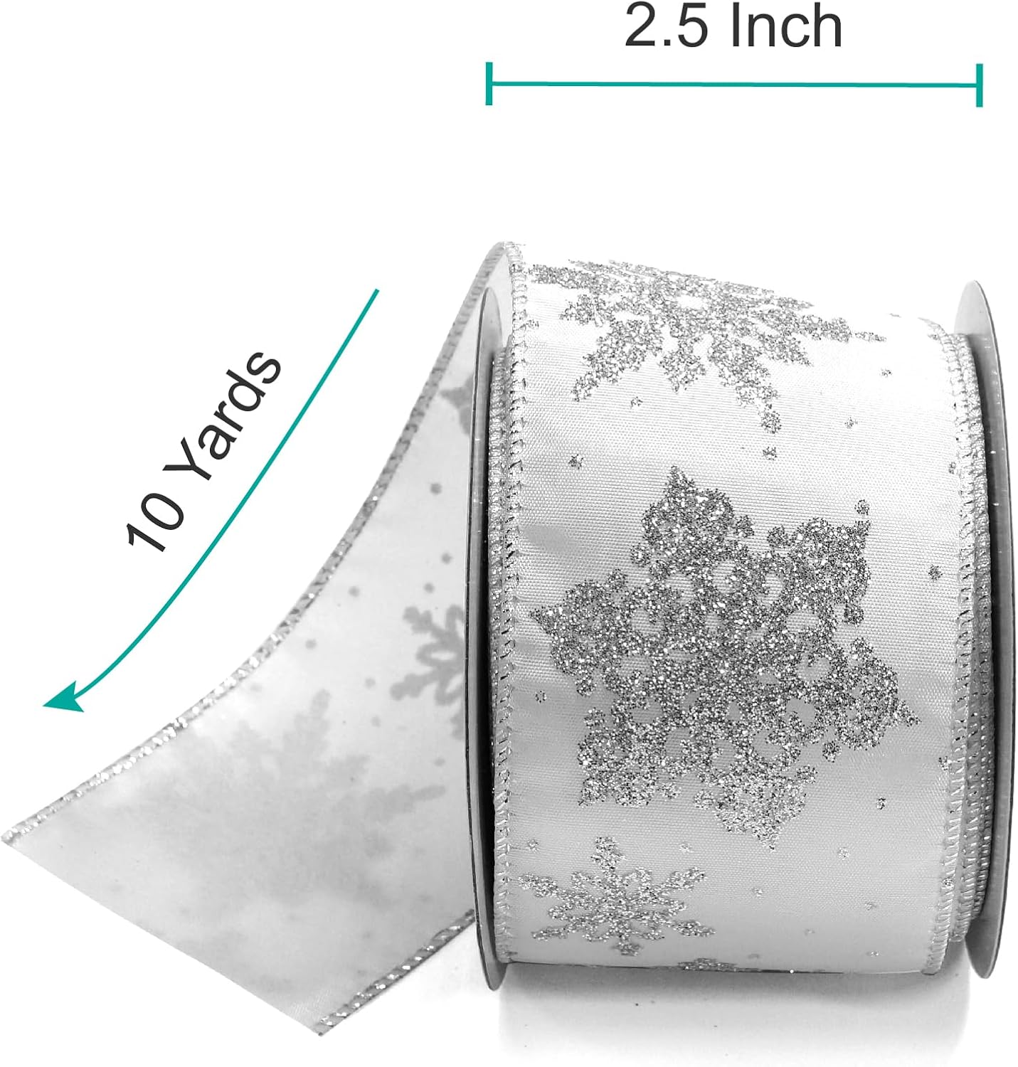 CT CRAFT LLC White Satin with Silver Snowflake Wired Ribbon 2.5 Inch x 10 Yards for Christmas Home Decor Tree Topper Bow Gift Wrapping DIY Crafts Wreath Garland