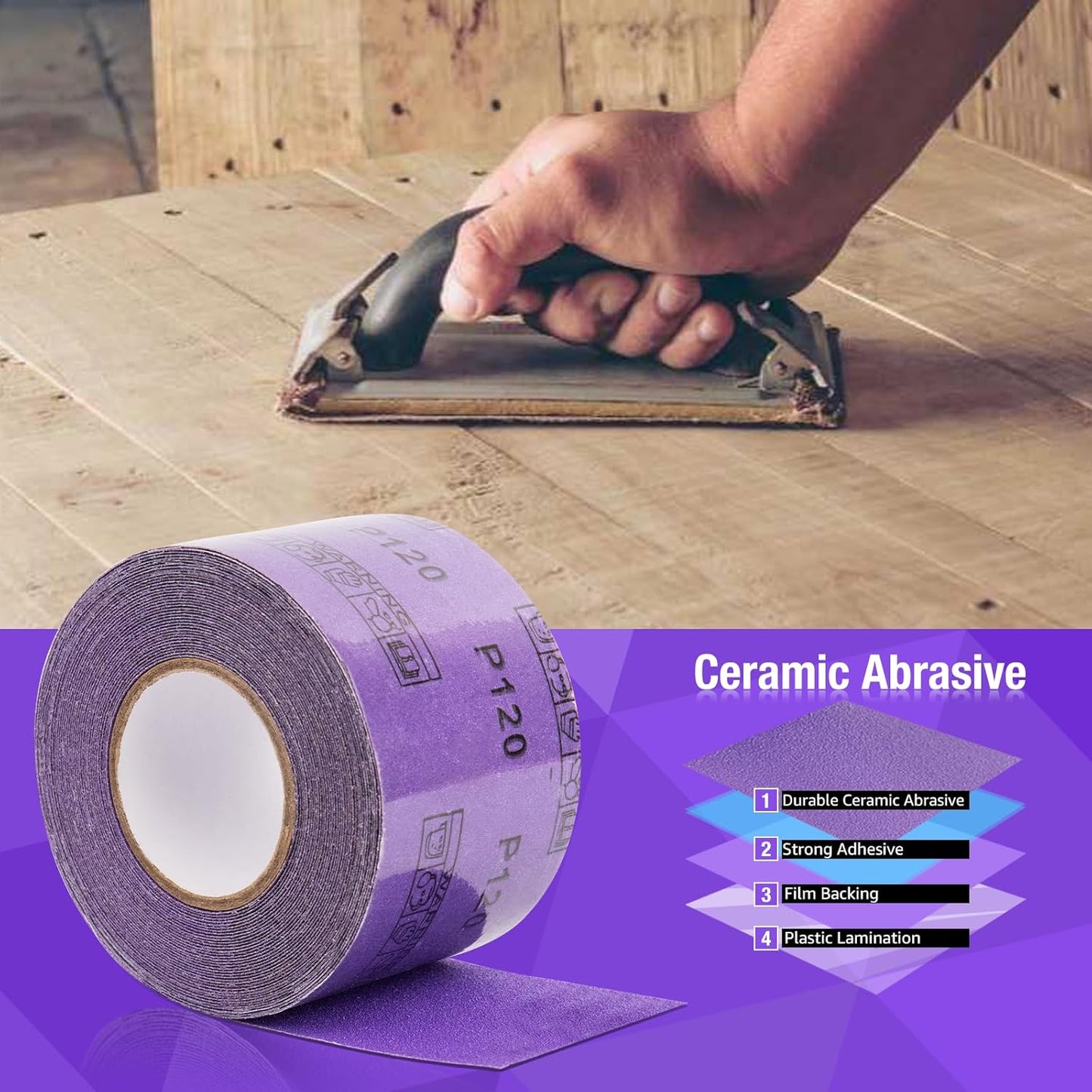 220 Grit PSA Purple Film Ceramic Sandpaper Roll, 2-3/4" Wide Continuous 20 Yard Longboard Sanding Roll Wet Dry Sanding Blocks Self Adhesive Sticky Back Sanding Sheets for Woodworking Automotive