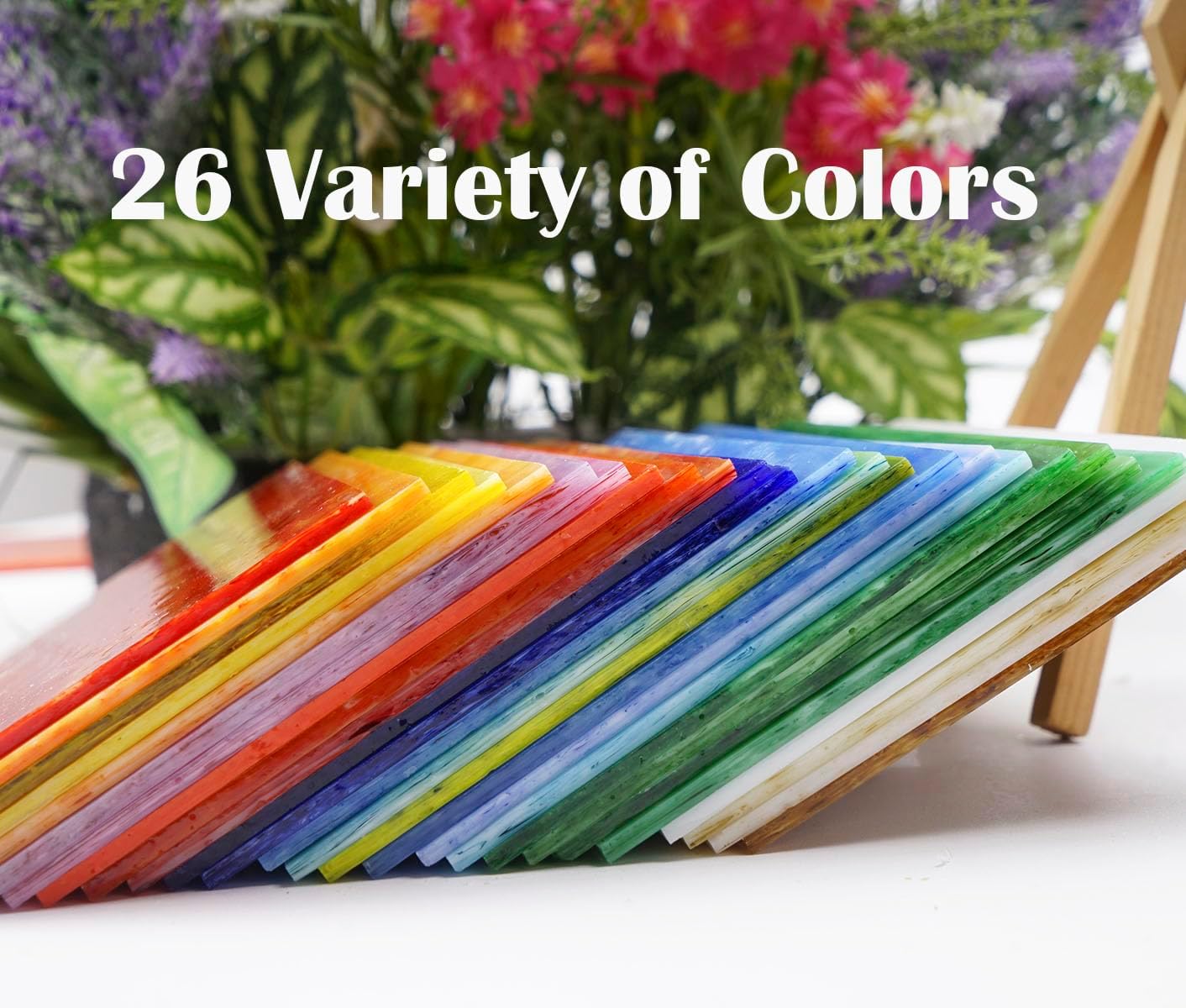 Lanyani 26 Sheets Colorful Vibrant Stained Glass Sheets Variety Assortment Pack, Opaque Mosaic Art Glass Panel Packs for Stain Glass Crafts DIY Projects,4x6 inches