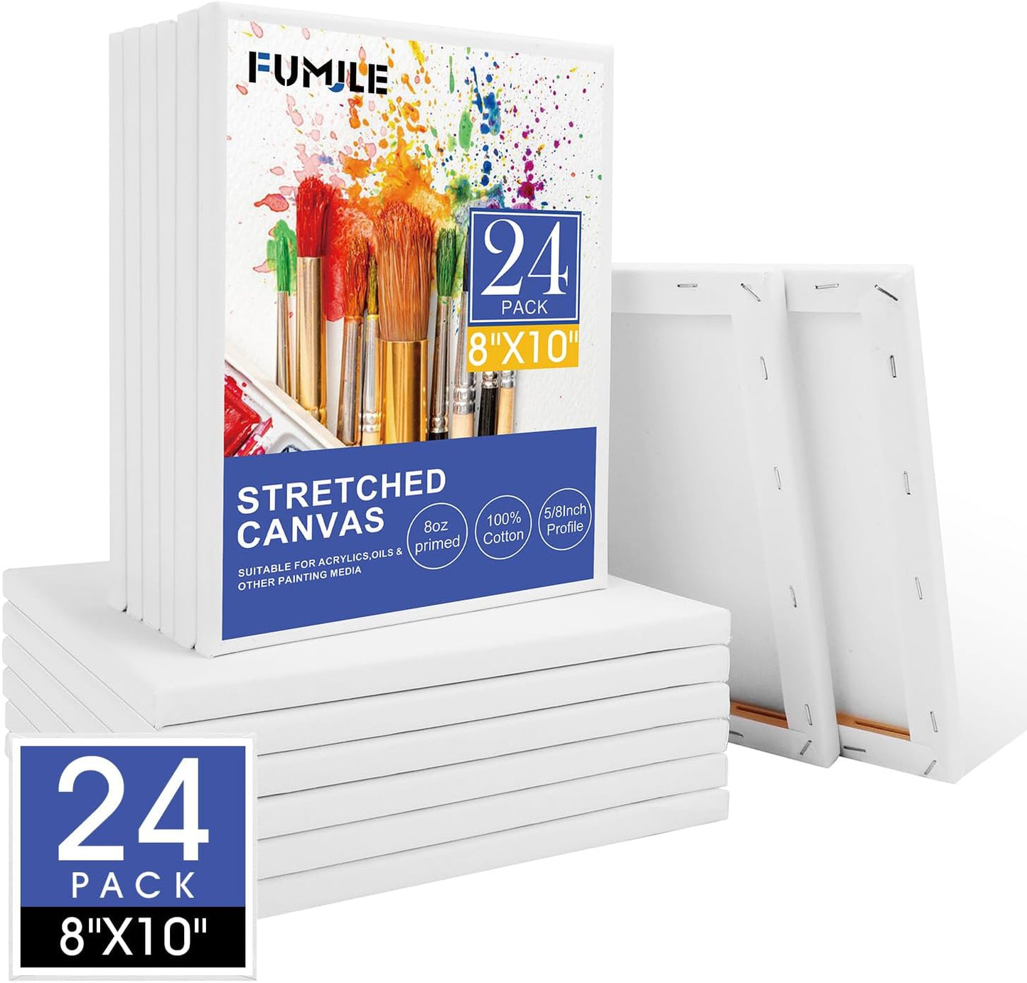 FUMILE 8x10 Canvas for Painting Stretched, 24 Pack Canvases for Painting-5/8 in Profile Primed White Blank Painting Canvas Value Pack for Oil & Acrylic Paint
