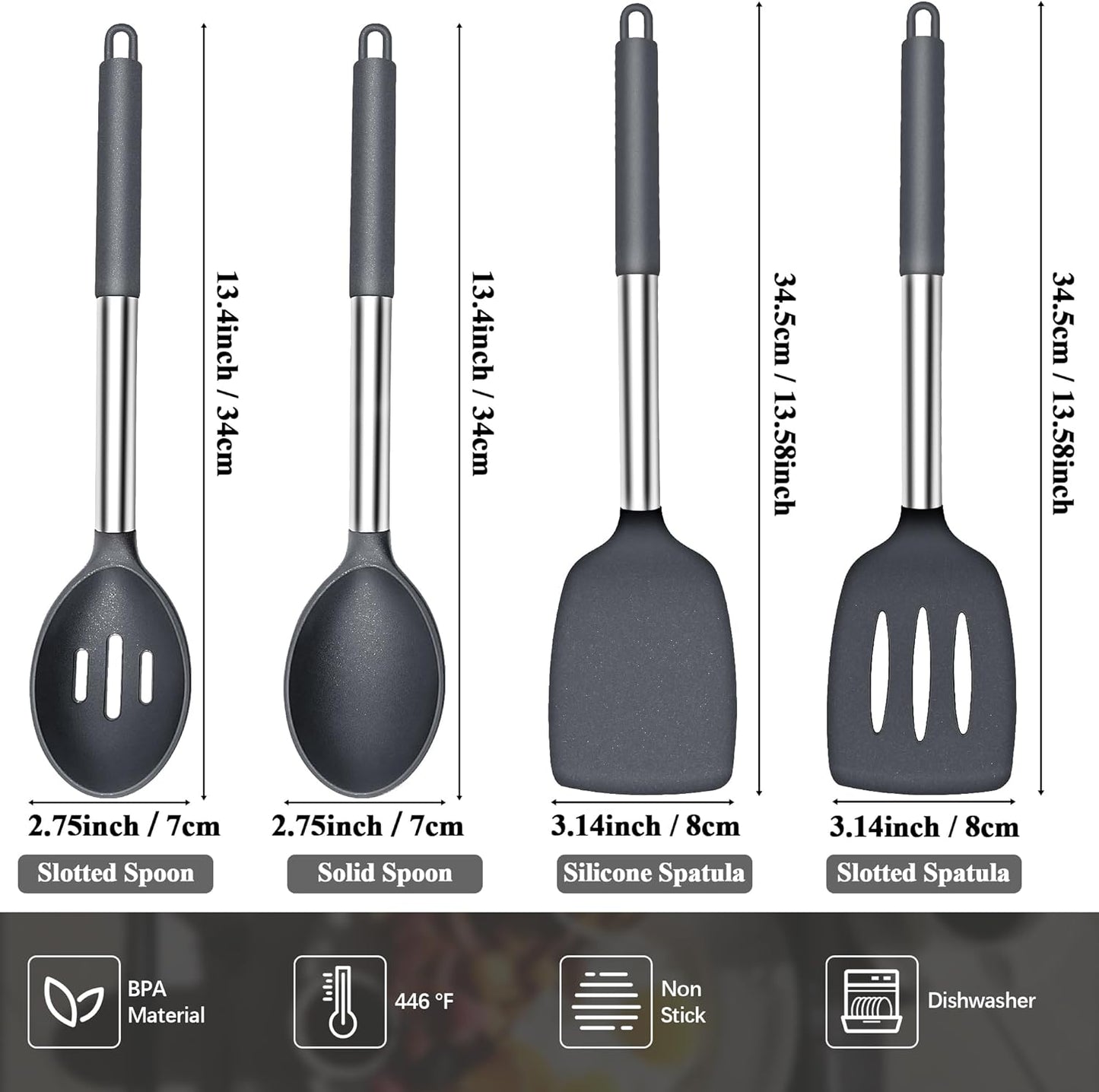 Silicone Spatula Spoon Set, 4 PCS Silicone Cooking Utensils Spatula Spoon Set with Stainless Steel Handle, BPA Free Kitchen Turners for Frying, Mixing, Serving, Draining, Turning, Stirring, Grey