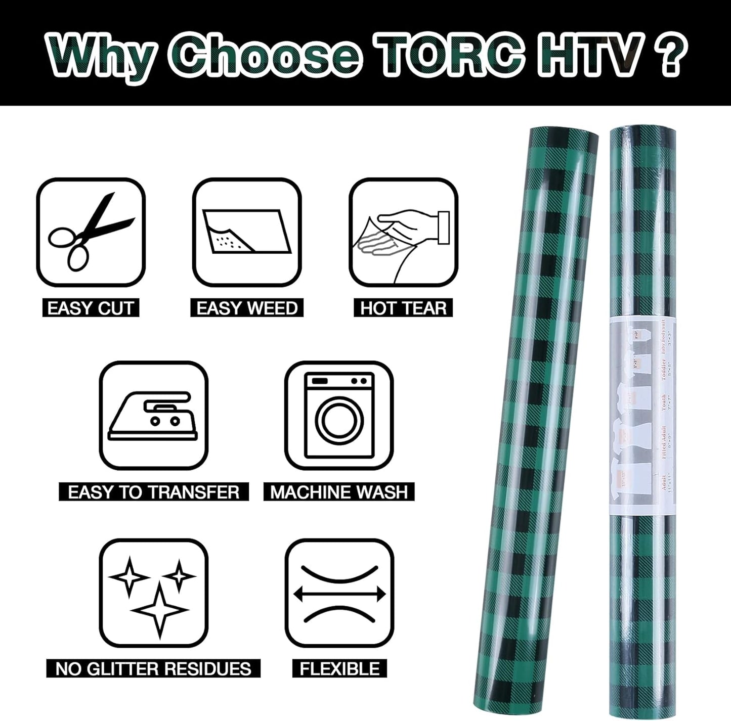 TORC Green Black Buffalo Plaid HTV Vinyl 12 inch x 10 ft, Check Heat Transfer Vinyl Iron on Transfers