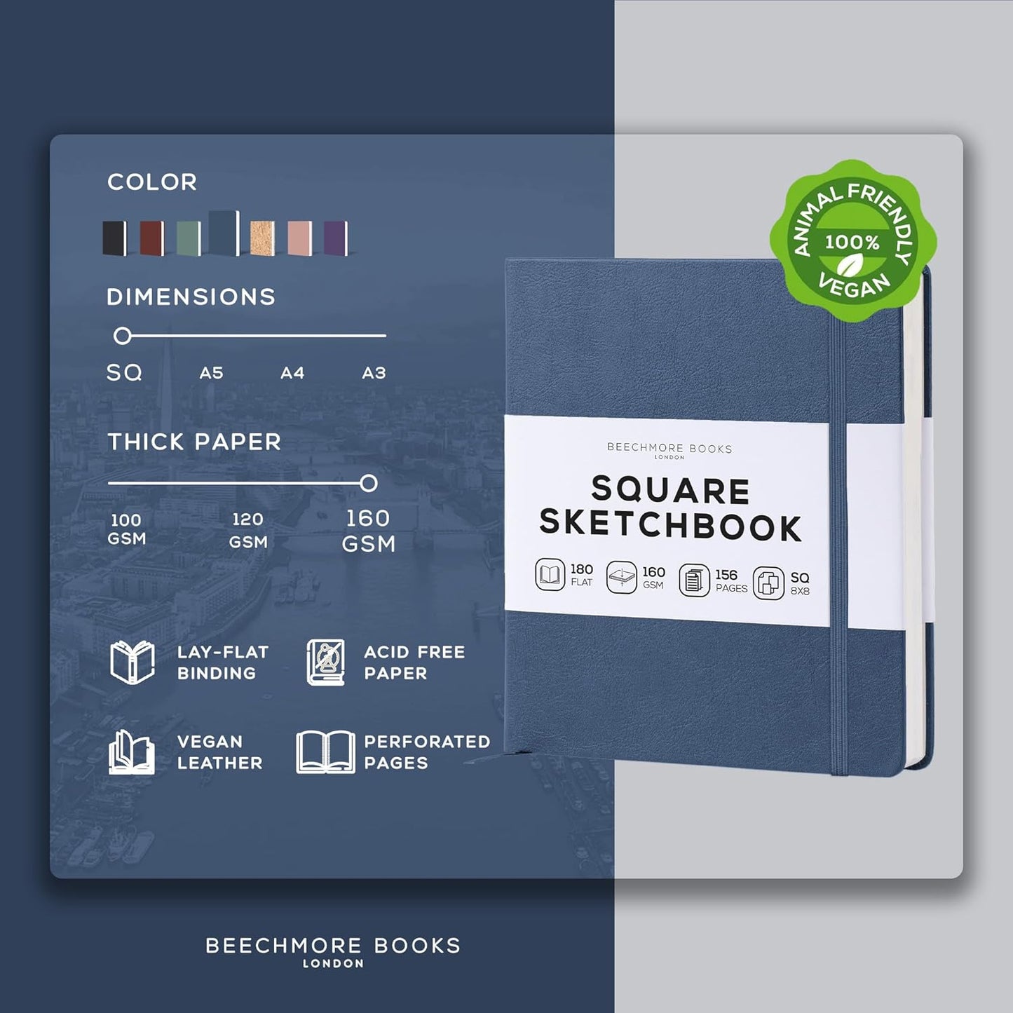 Beechmore Books Square Sketchbook – 8x8 Premium Vegan Leather Bound Large Sketch Book Hardcover with 156 Thick 160gsm Perforated Ivory Pages, Blank Sketch Pad, Gift Boxed Back Pocket, Ribbon Bookmark