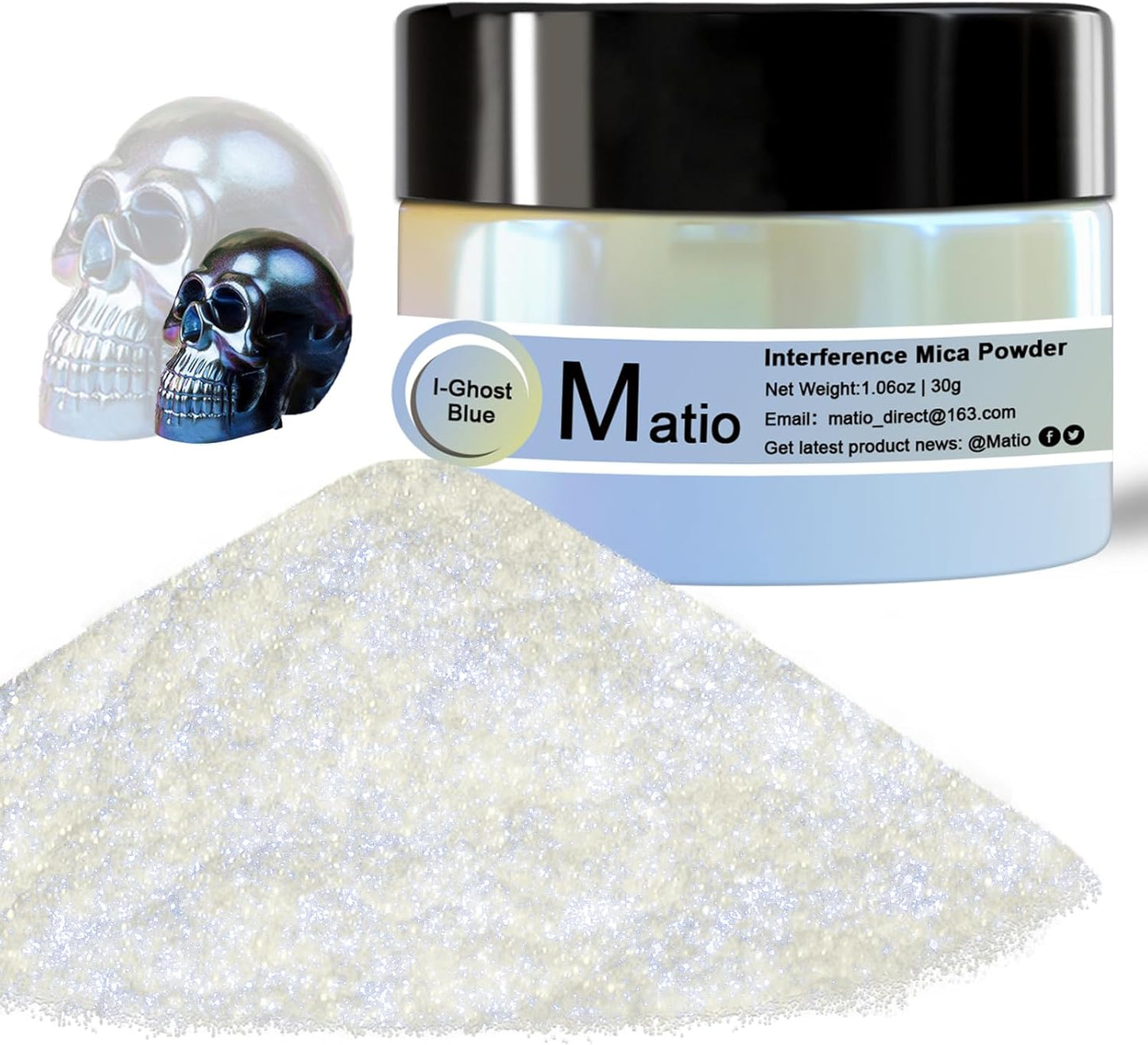 Matio Interference Mica Powder, 1.06oz/ 30g Ghost Blue Chrome Powder, Pearlescent Effect Color Shift Pigment for Epoxy Resin, Makeup Shimmer, Nail Polish,Soap Dye,Candle Making,Paint