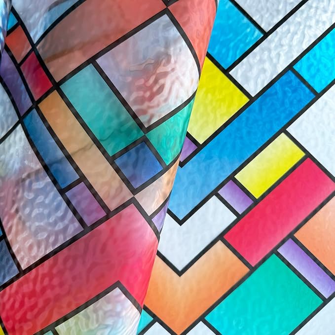 Window Film Privacy Classy Colorful Glazed Tiles Stained Glass Sliding Door Coverings Static Cling Frosted Church Tints Cover Contact Paper Non-Adhesive Heat Control Anti UV Reusble,17.5x78.7in.