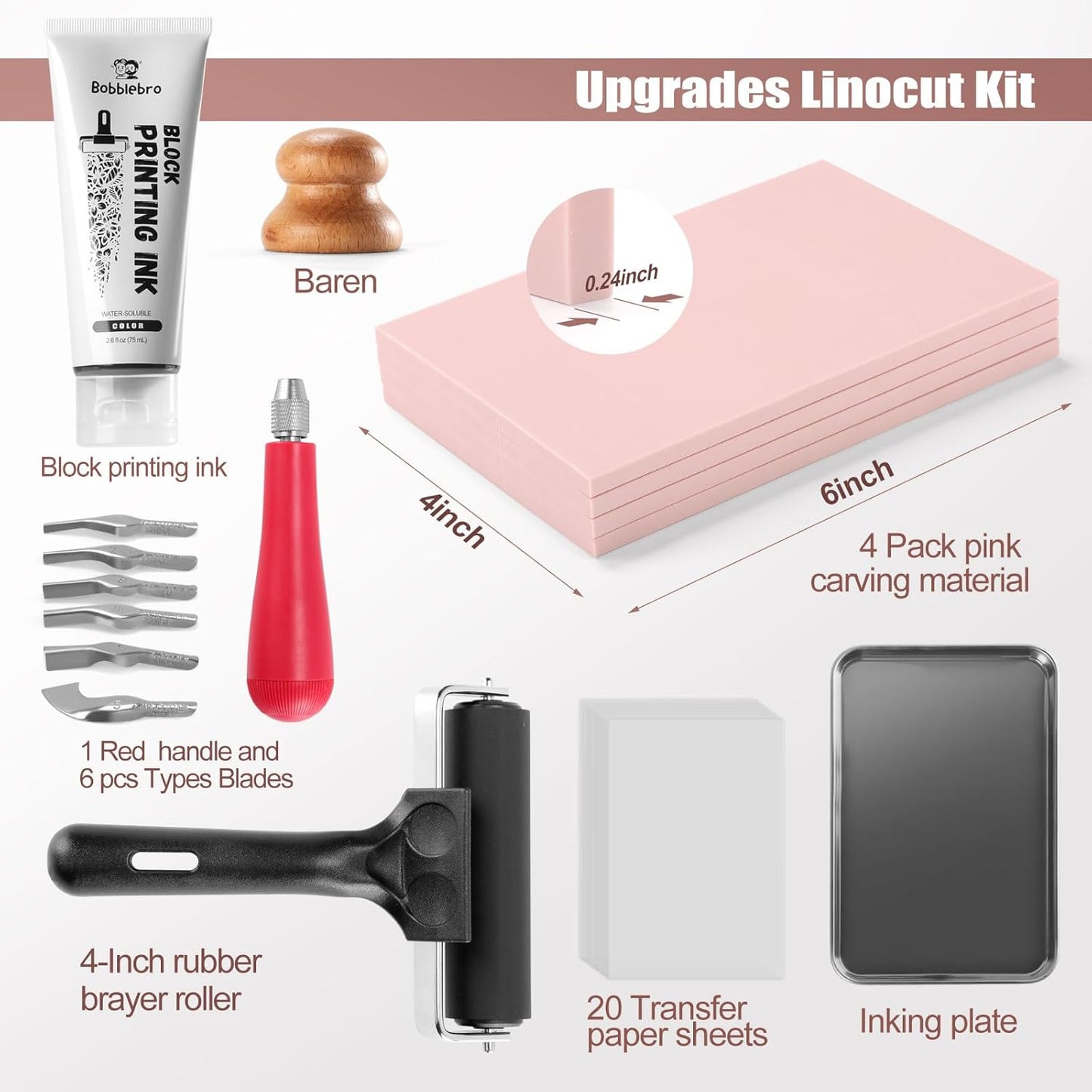Linoleum Blocks for Printmaking, Stamp Carving Linocut Kit, Linocut Tools Block Screen Printing Kit with Cutters Carving Tools, Linocut Block, Printing Ink, Brayer Roller, Baren for Beginners DIY Gift