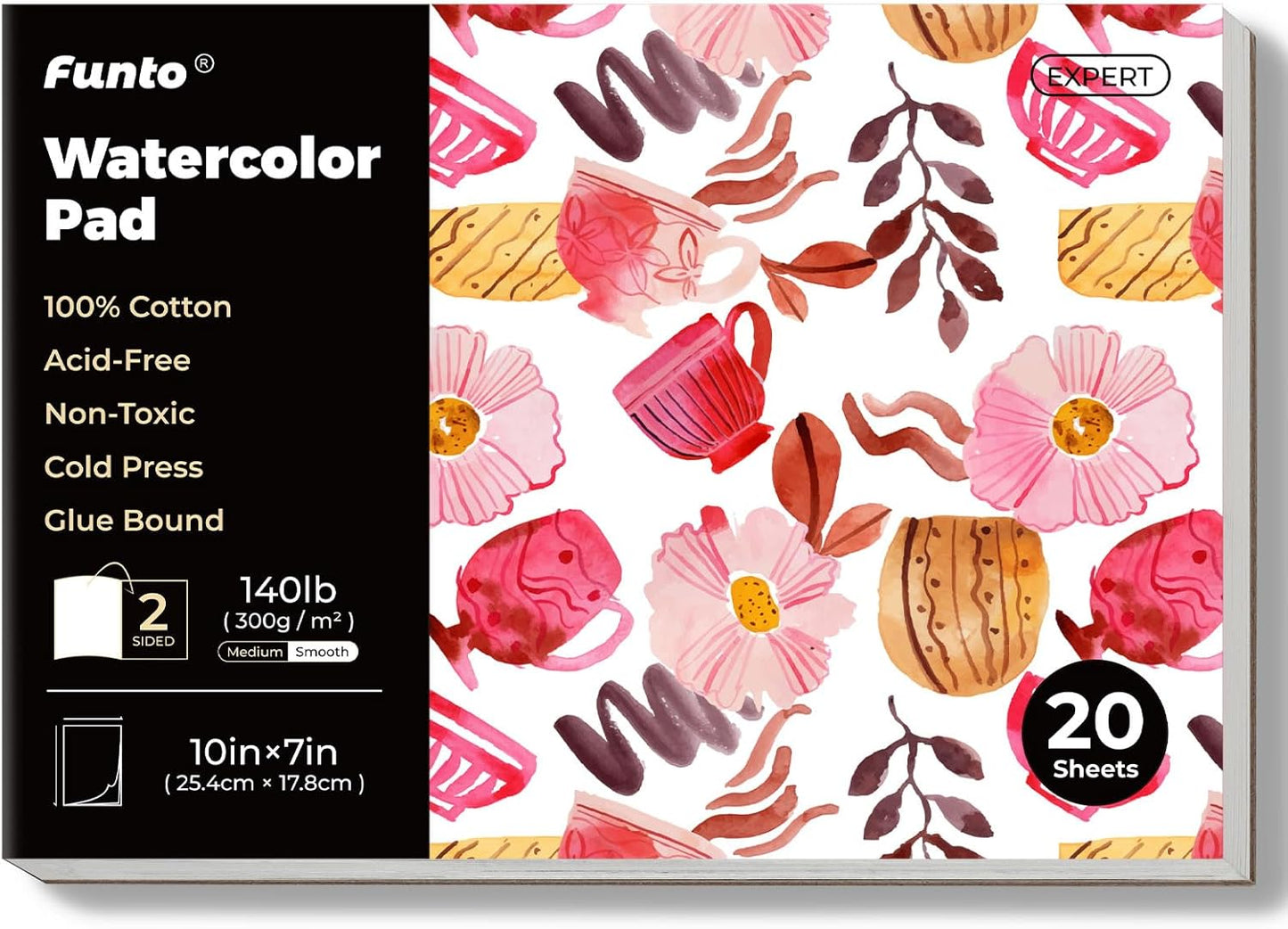 Funto Watercolor Pad, 10×7", 20 Sheets, 140lb/300gsm, 100% Cotton, Cold Press, Glue Bound, Double-Sided, Easy Tear Heavyweight Art Paper for Painting