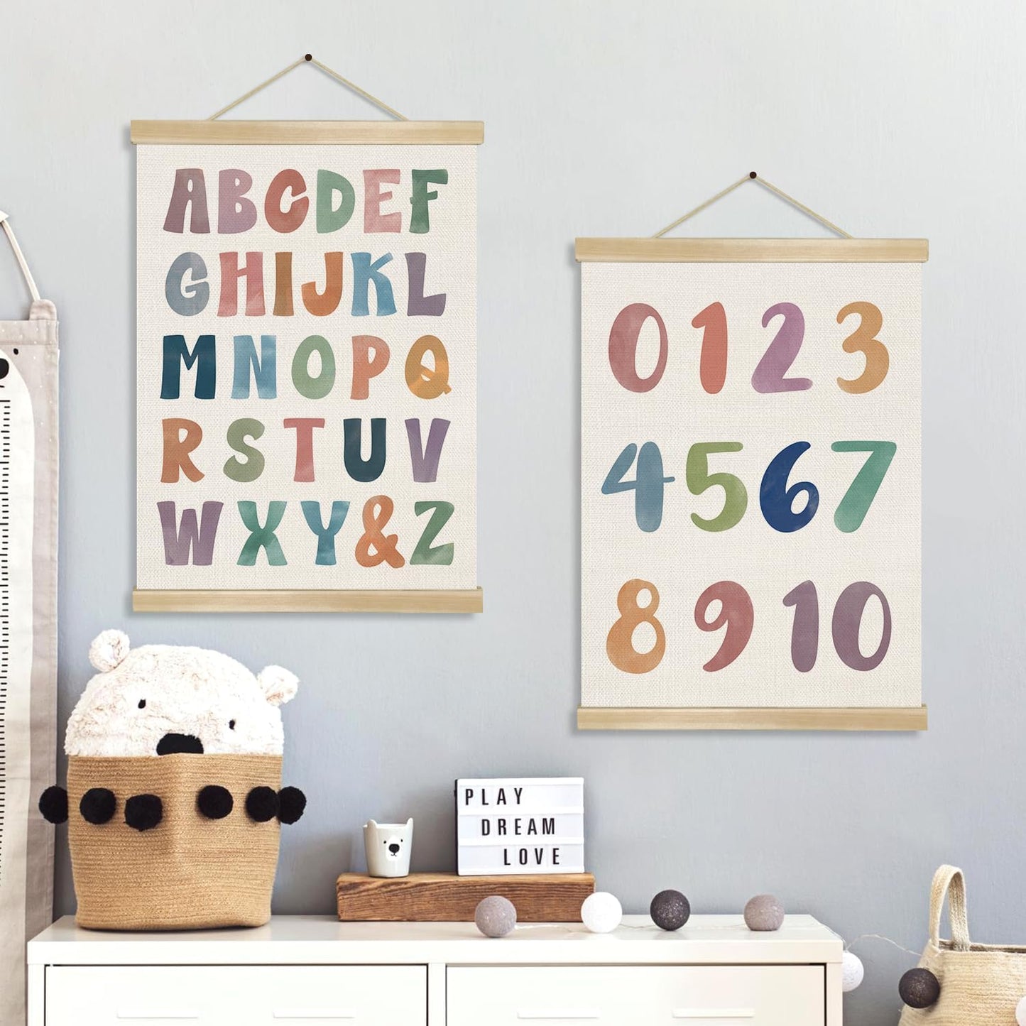 2-Pack Alphabet and Number Posters for Kids,Modern ABC and 0-10 Wall Chart Set on Natural Linen,Educational Decor for Toddlers, Preschool Classroom, Nursery, Playroom 14x18.5In (ABC+123)