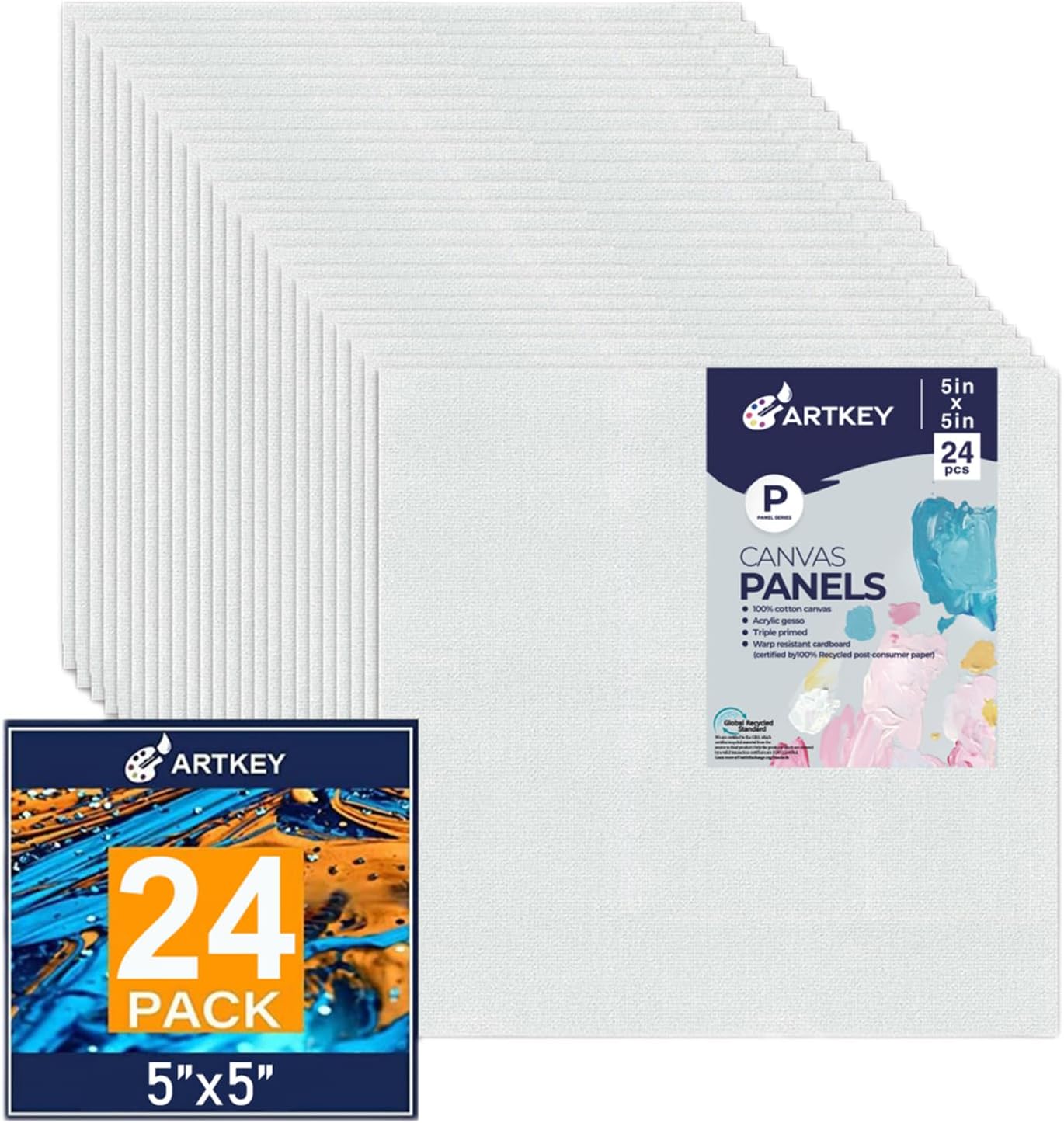 Canvas Panels 5x5 Inch 24-Pack, 10 oz Primed 100% Cotton White Blank Small Canvases for Painting, Square Flat Canvas Board for Oil Acrylics Watercolor & Tempera Paints