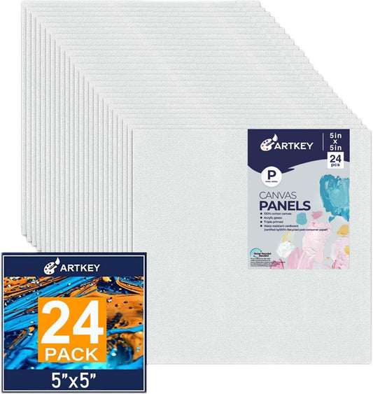 Canvas Panels 5x5 Inch 24-Pack, 10 oz Primed 100% Cotton White Blank Small Canvases for Painting, Square Flat Canvas Board for Oil Acrylics Watercolor & Tempera Paints