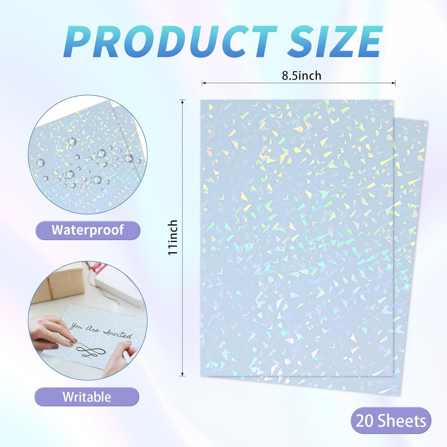 Printable Holographic Sticker Paper,20 Sheets 11 x 8.5''glass fragment Printable Waterproof Sticker,Rainbow Vinyl Sticker for Inkjet or Laser Printer
