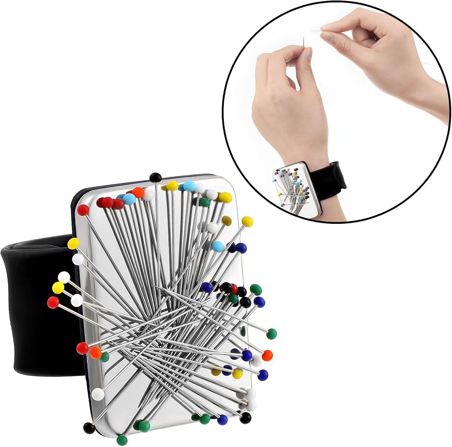 Magnetic Wrist Sewing Pincushion with 100 Pieces 1.5 Inch Ball Head Sewing Pins Set Wrist Magnetic Pin Holder Gift Supplies(Black)