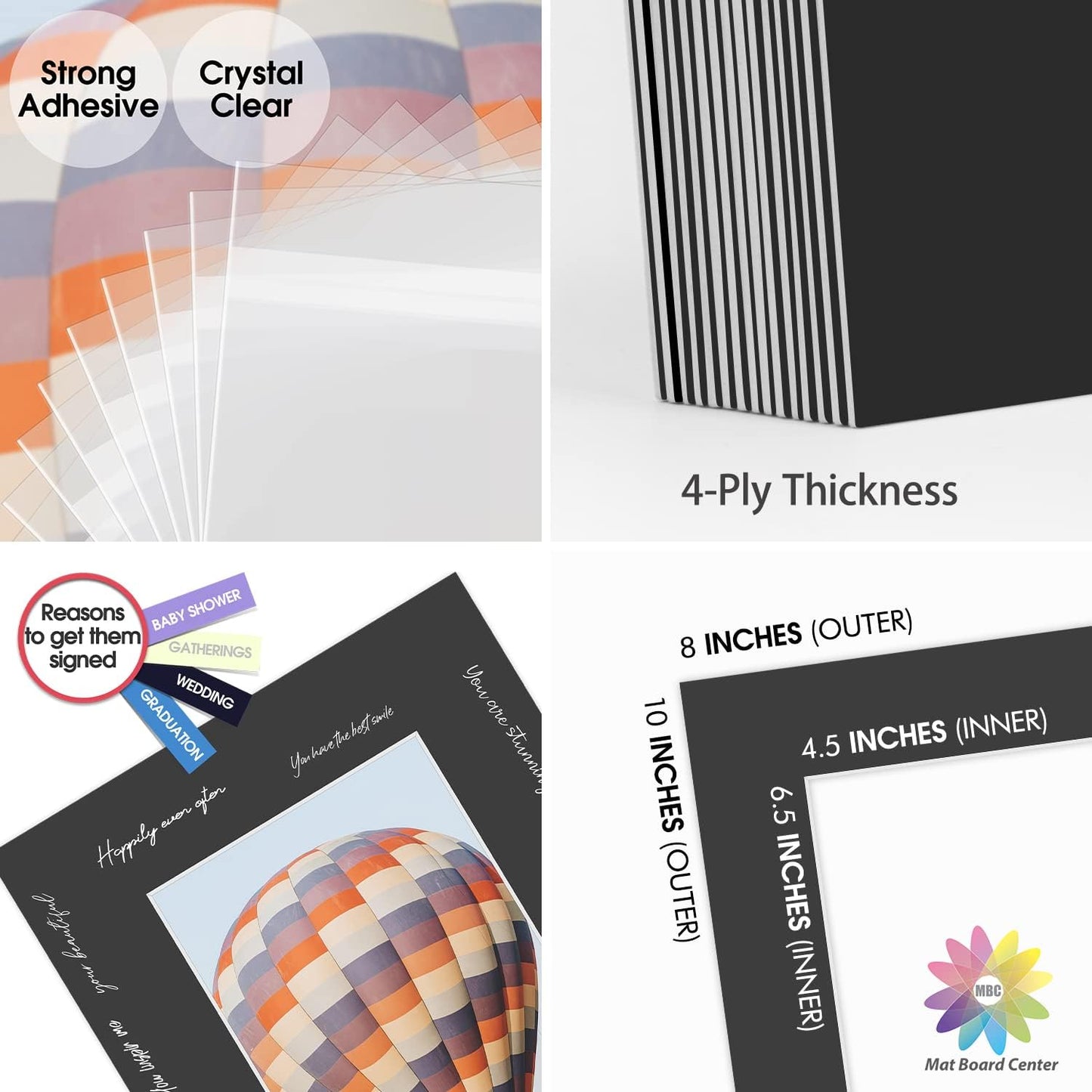 Mat Board Center, Pack of 25, 8x10 for 5x7 Black Picture Mat Sets - Acid Free, 4-ply Thickness, Bevel Pre-Cut White Core - Includes Backing Boards and Clear Bags - for Pictures, Photos, Framing