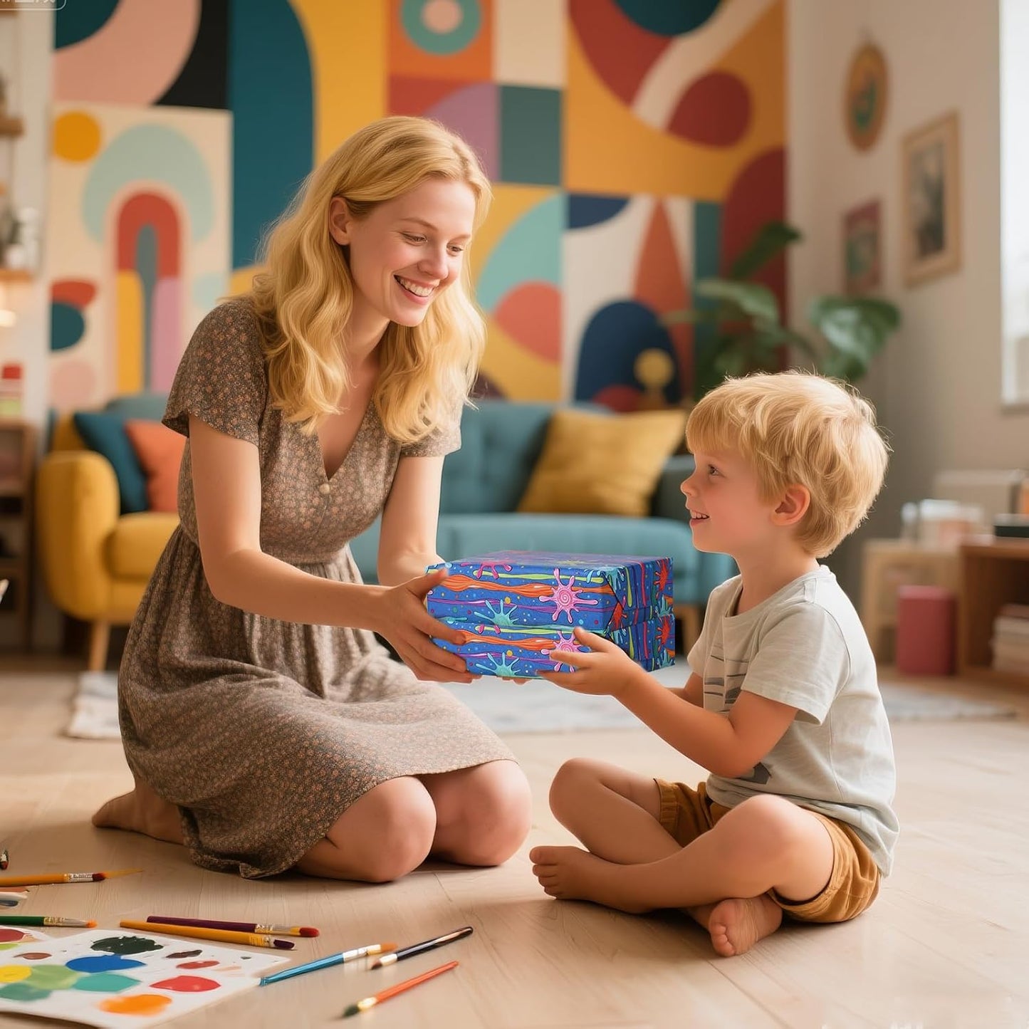 Pineraap 12 Sheets Art Wrapping Paper, Painting Palette Brushes Paint Design Gift Wrap Paper, Creative Art Doodles Folded Flat Gift Wrap for Artists, Birthdays, Celebrations, 19.7 x 27.6 Inch