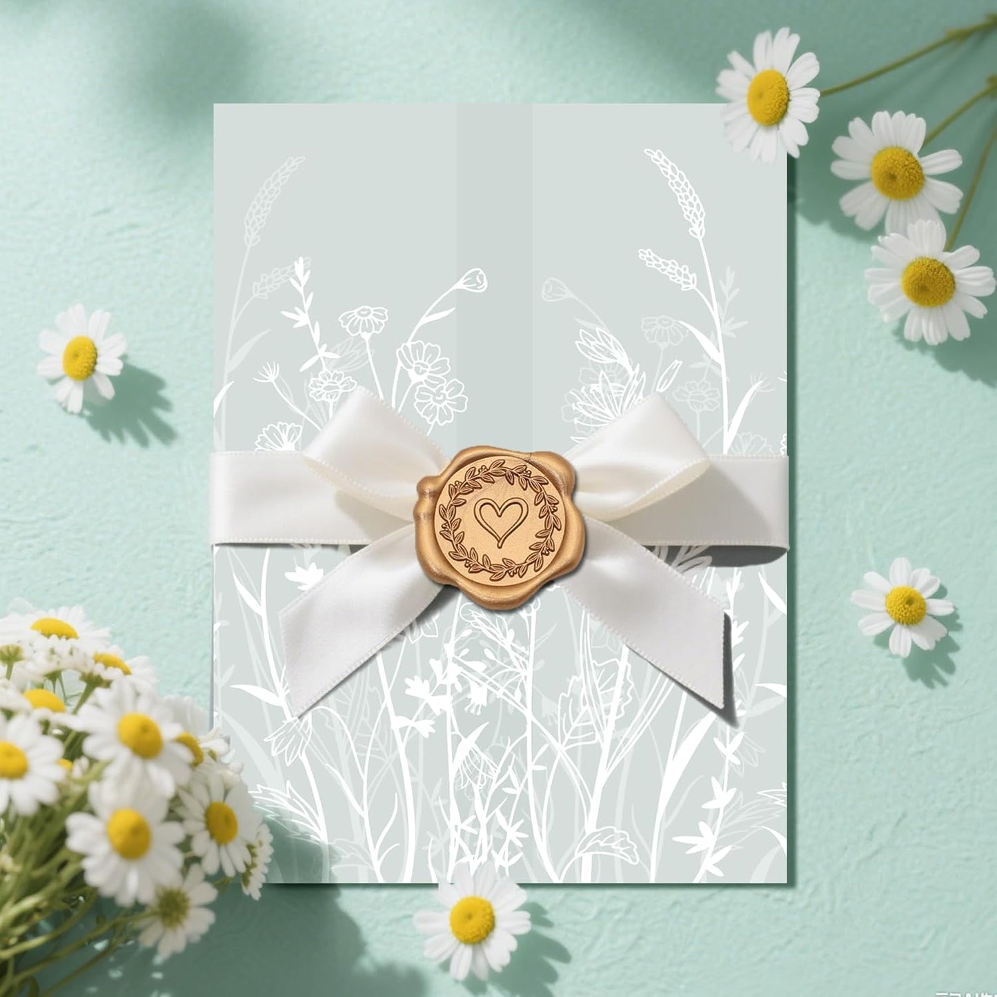 SWANGSA 100 Sets Wedding Invitations Wraps, Vellum Jackets for 5x7 Invitations & Self Adhesive Antique Gold Heart Wax Seal Stickers for Wedding Bridal Baby Shower Birthday Envelopes (White Wildflower)