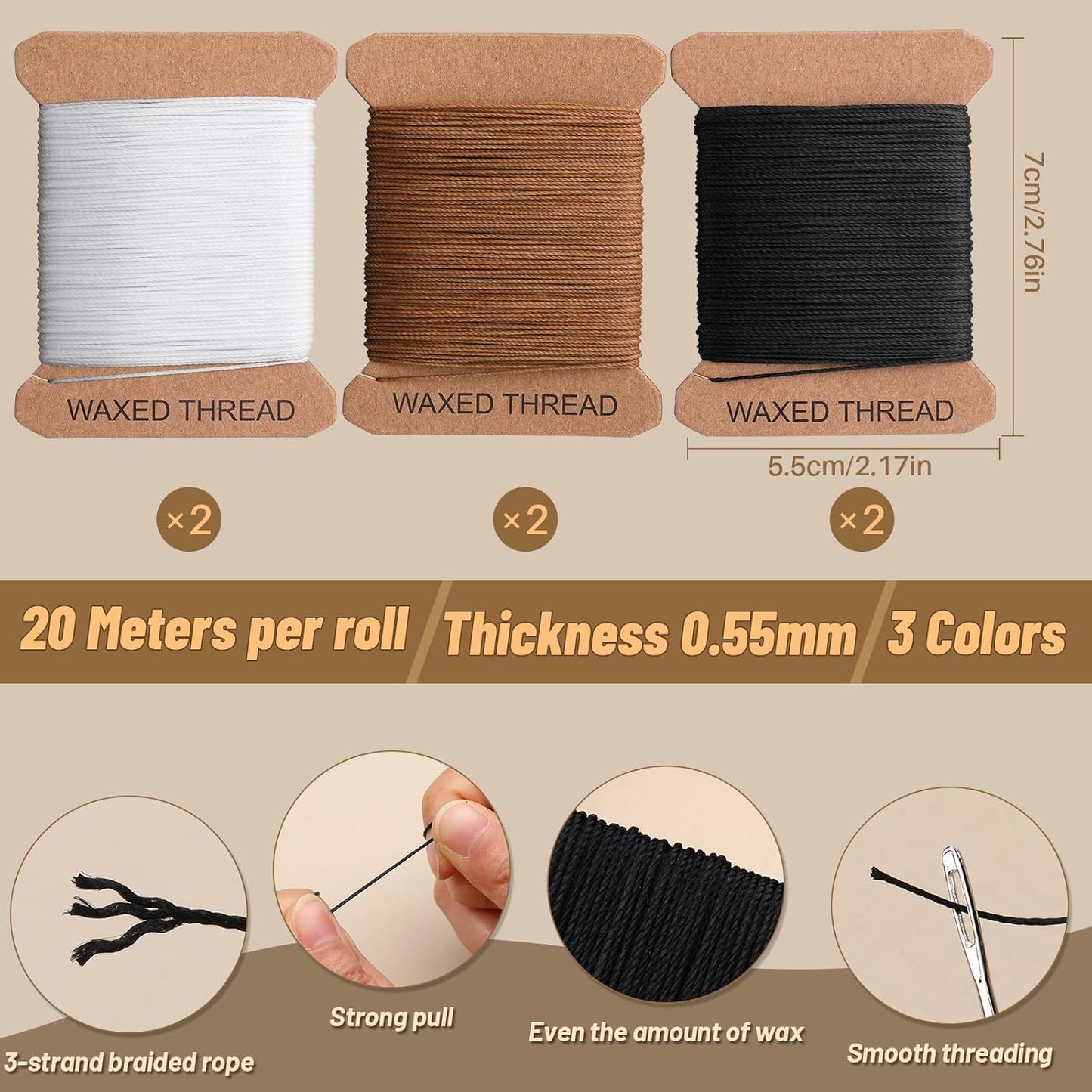 IMZAY Upholstery Repair Kit, Waxed Sewing Thread, 132 Yards Heavy Duty Leather Thread with 14 PCS Upholstery Needles for Leather, Canvas, Bookbinding, Beading, Stitching